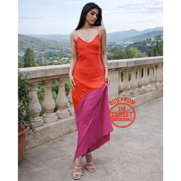 MANGO Blogger Fave Colorblock Maxi Dress NWT Red Pink Asymmetric - Picture 7 of 16